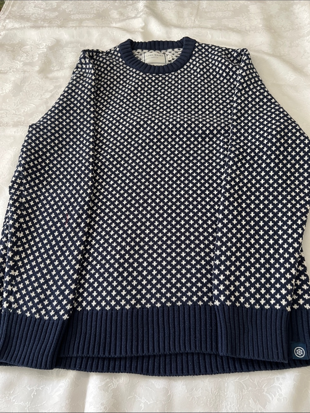 Long Wharf Supply Co. Navy and White Patterned Crewneck Sweater